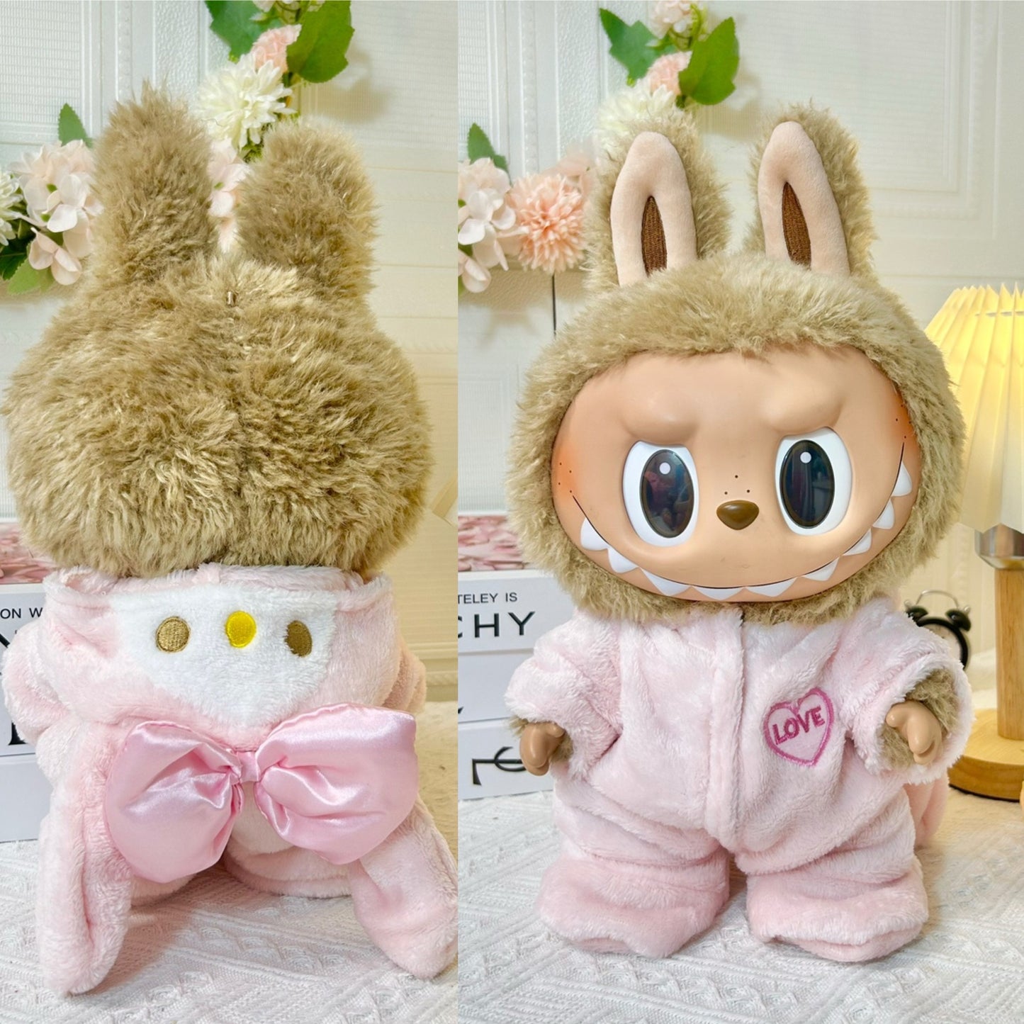 38cm Labubu plush doll dress, Labubu doll MOKOKO Lei Feng coat, rabbit ear back with skirt set