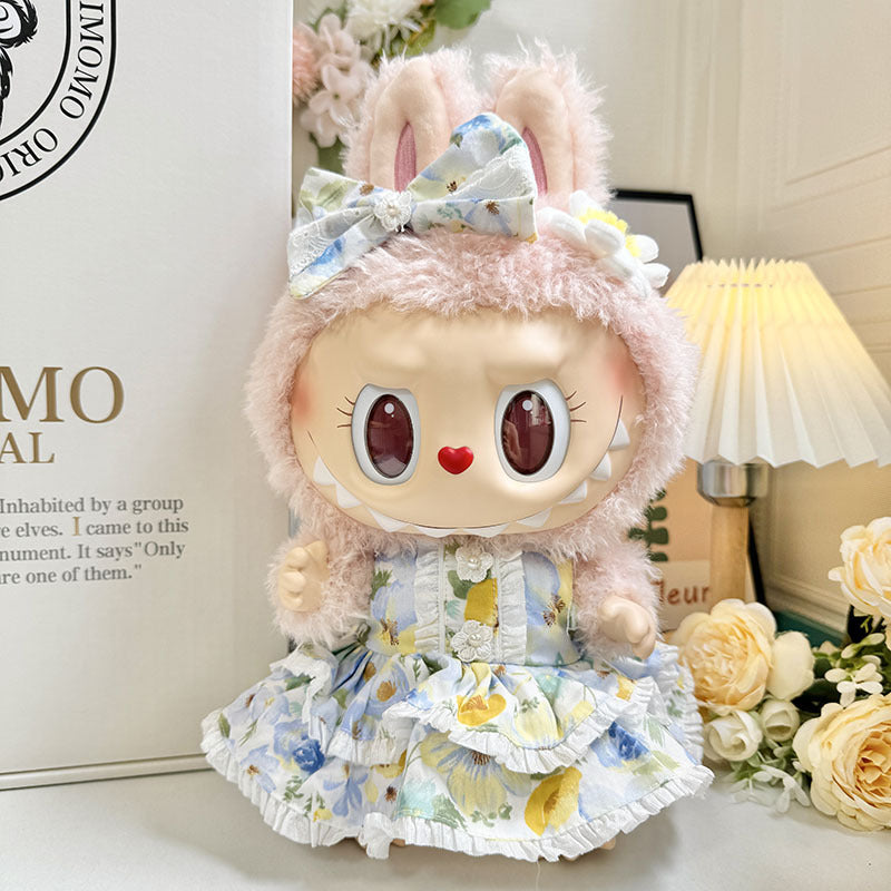 38cm Labubu plush doll dress, Labubu doll MOKOKO Lei Feng coat, rabbit ear back with skirt set