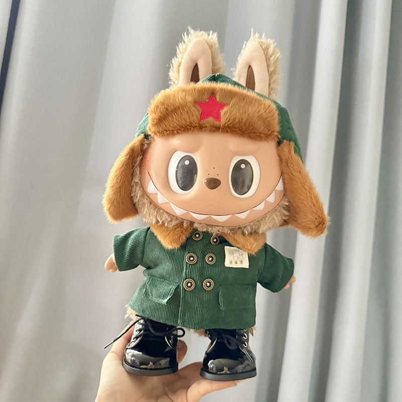 38cm Labubu plush doll dress, Labubu doll MOKOKO Lei Feng coat, rabbit ear back with skirt set