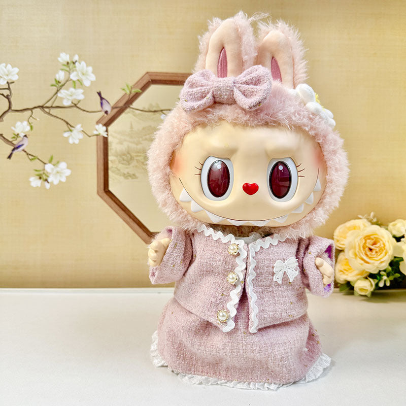 38cm Labubu plush doll dress, Labubu doll MOKOKO Lei Feng coat, rabbit ear back with skirt set