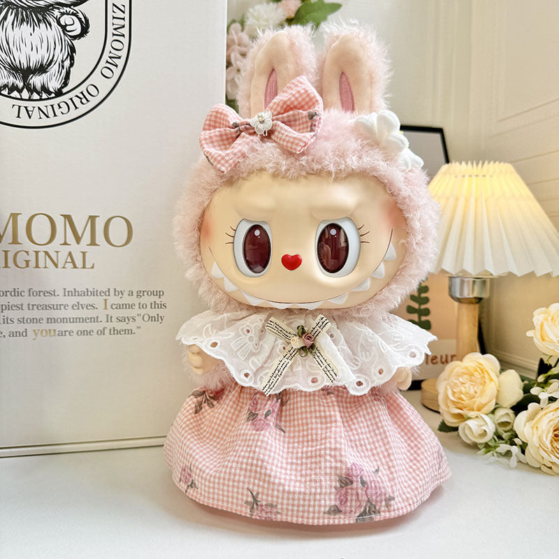 38cm Labubu plush doll dress, Labubu doll MOKOKO Lei Feng coat, rabbit ear back with skirt set