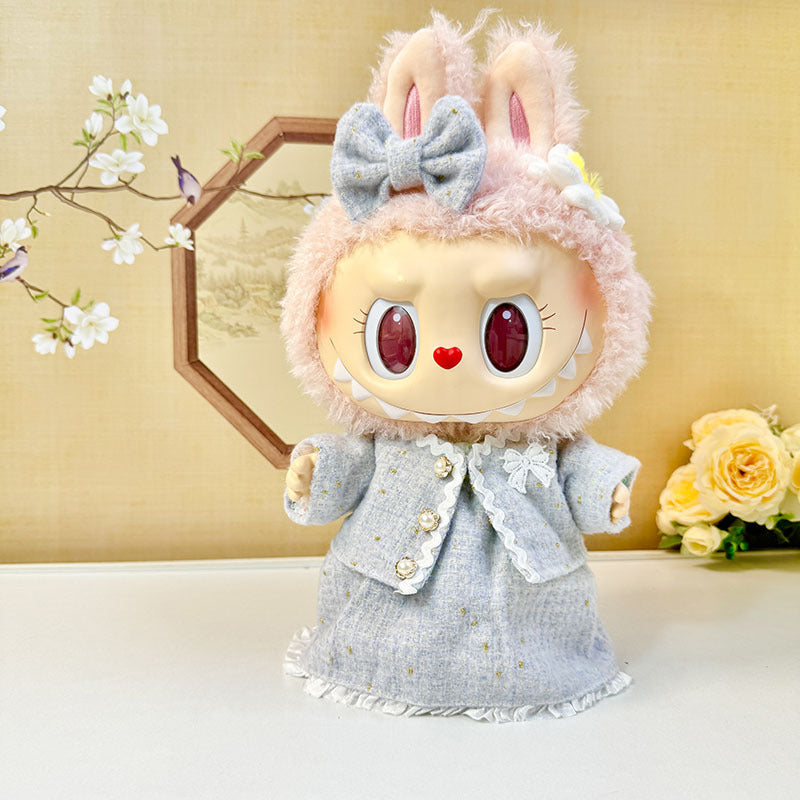 38cm Labubu plush doll dress, Labubu doll MOKOKO Lei Feng coat, rabbit ear back with skirt set