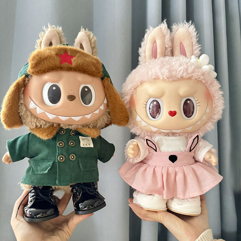 38cm Labubu plush doll dress, Labubu doll MOKOKO Lei Feng coat, rabbit ear back with skirt set