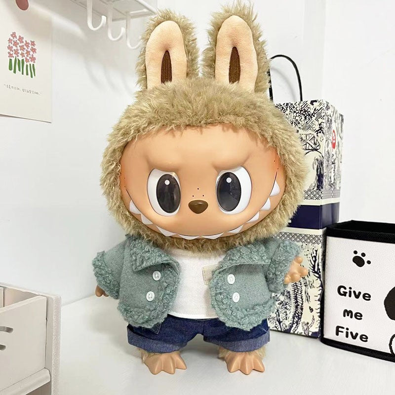 38cm Labubu plush doll dress, Labubu doll MOKOKO Lei Feng coat, rabbit ear back with skirt set