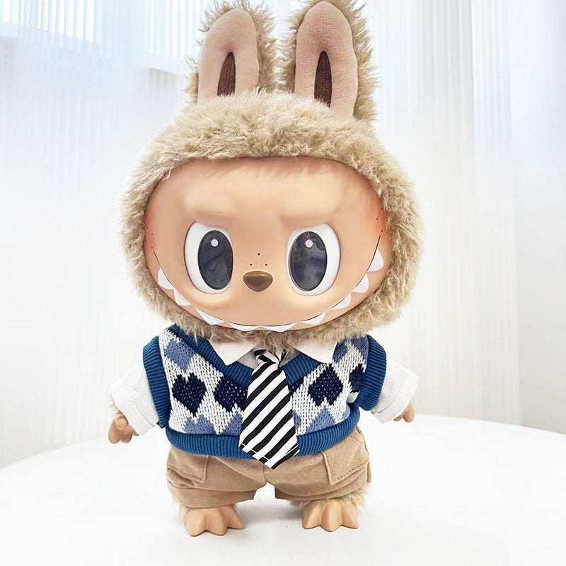 38cm Labubu plush doll dress, Labubu doll MOKOKO Lei Feng coat, rabbit ear back with skirt set