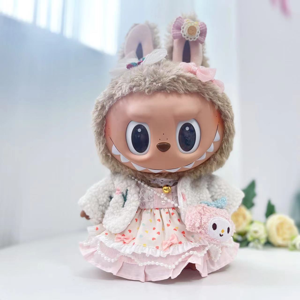 38cm Labubu plush doll dress, Labubu doll MOKOKO Lei Feng coat, rabbit ear back with skirt set