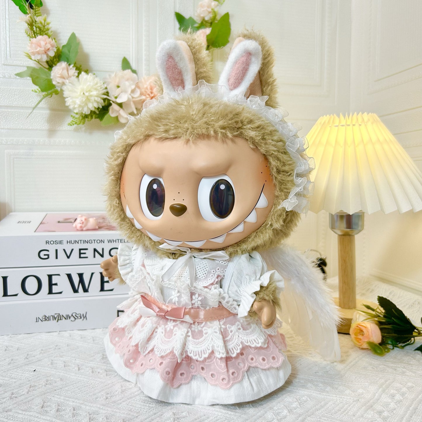 38cm Labubu plush doll dress, Labubu doll MOKOKO Lei Feng coat, rabbit ear back with skirt set