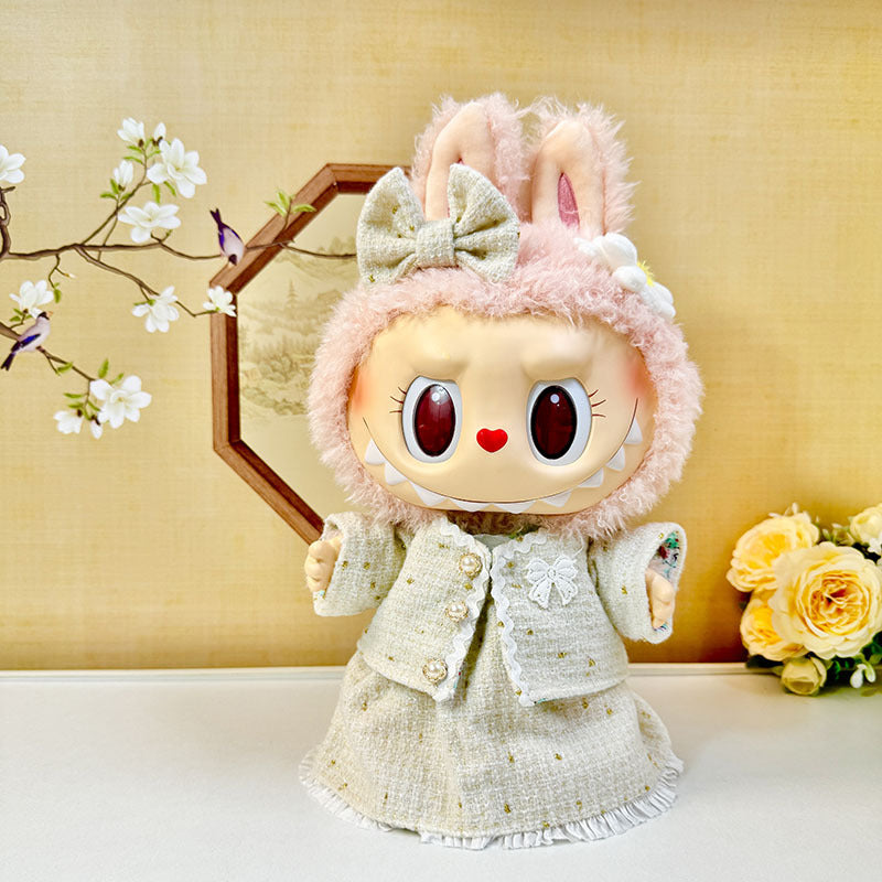 38cm Labubu plush doll dress, Labubu doll MOKOKO Lei Feng coat, rabbit ear back with skirt set