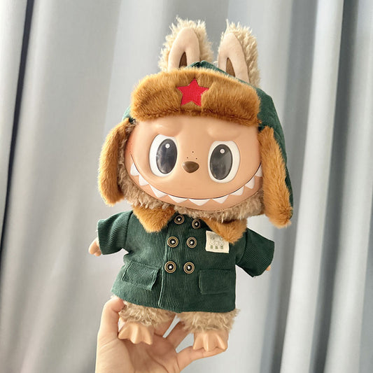 38cm Labubu plush doll dress, Labubu doll MOKOKO Lei Feng coat, rabbit ear back with skirt set